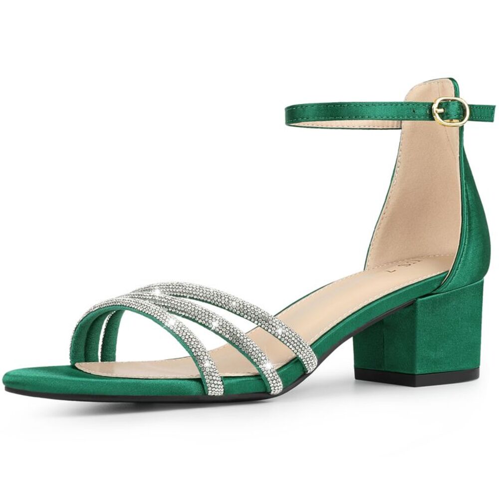Satin Rhinestones Open Toe Chunky Heel Sandals Dark Green